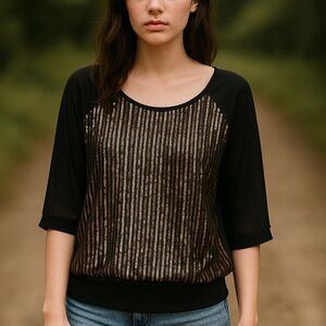 Express Black Sequin Front Blouson Top‎ Women's Size Large Holiday Evening Party